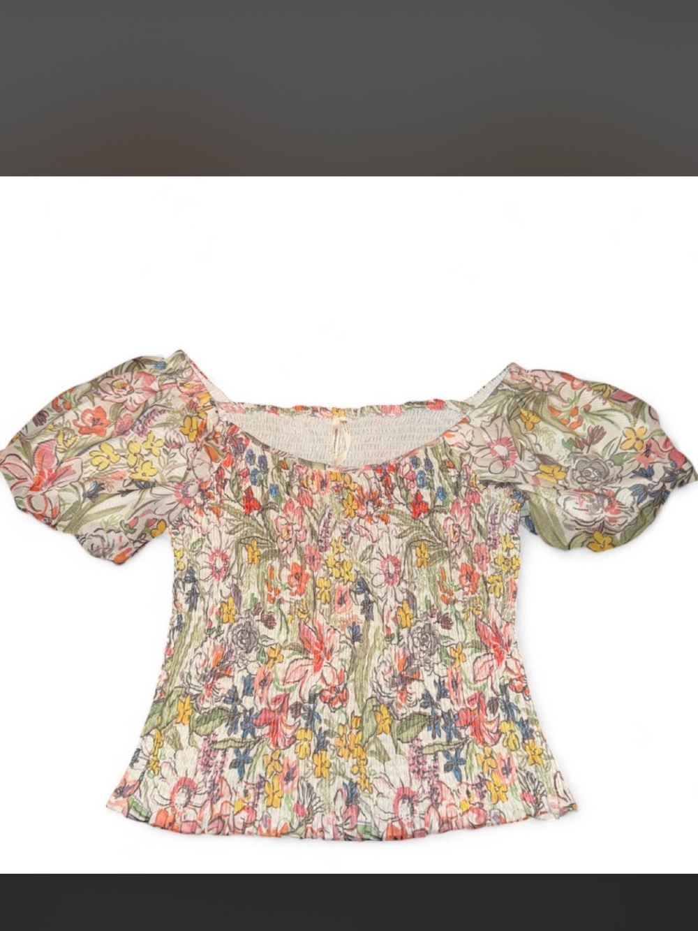 Anthropologie Cream Floral Smocked Puff Sleeve Blouse